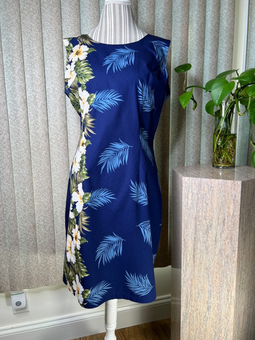 KY’S Hawaiian made Navy Tropical Shift Dress with Floral Trim 100% Cotton S-2XL - Picture 3 of 7